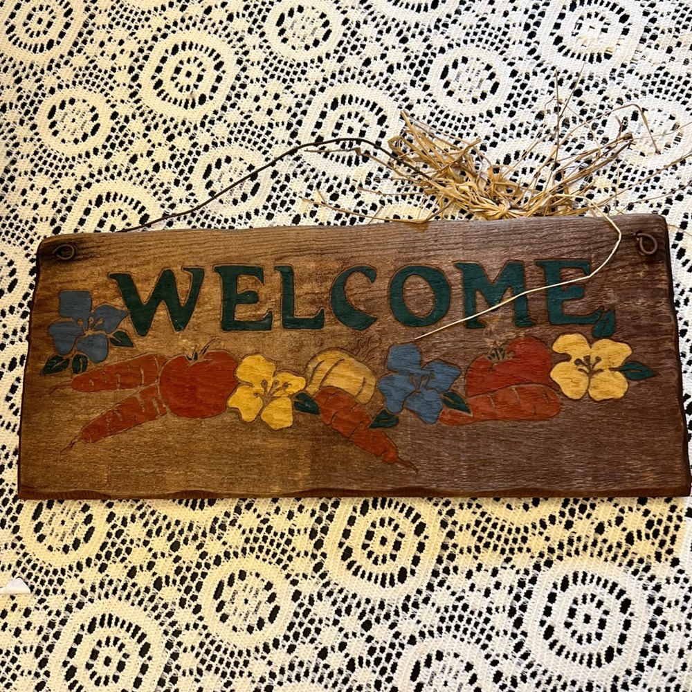 Vintage Hand-Painted Carved Wood Welcome Sign | Harvest | Cottage Farmhouse